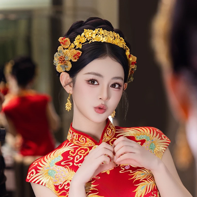 合金布艺婚庆饰品 中式新娘结婚金色花朵订婚喜字凤冠发饰品D0624