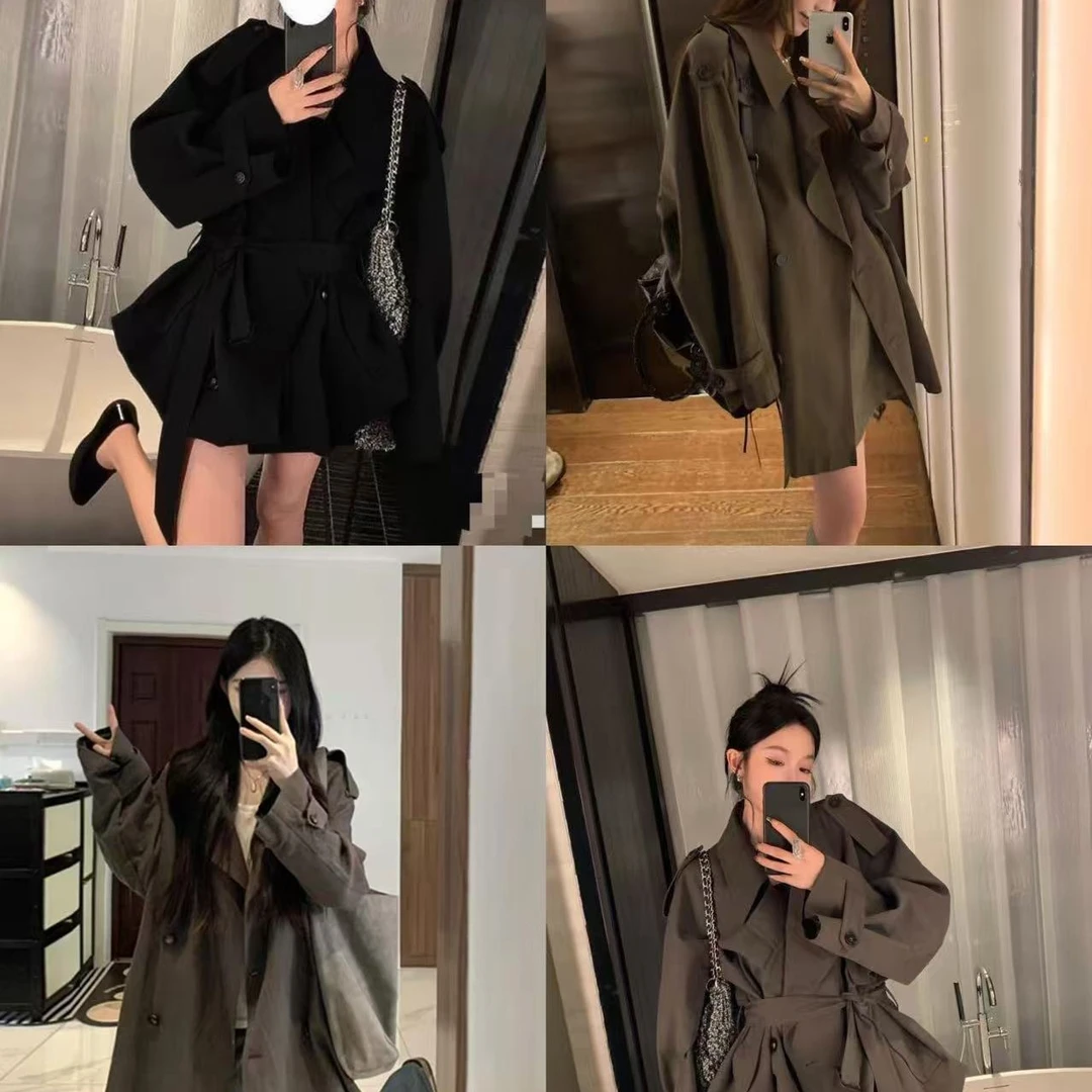 新款复古系带中长款风衣外套女秋季小个子高级感宽松设计