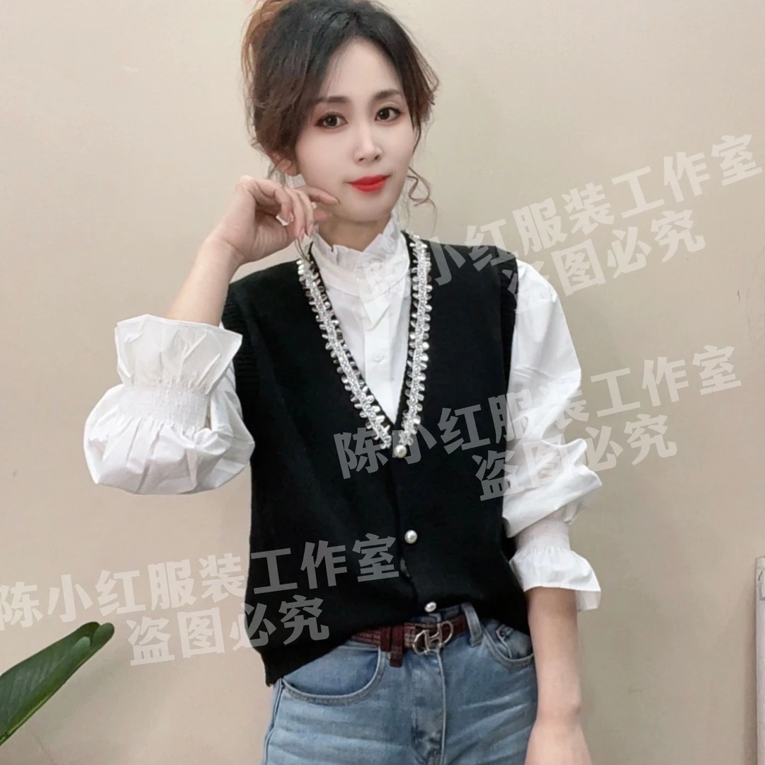 2025早春新款两件套针织马甲+木耳领衬衫休闲减龄气质款