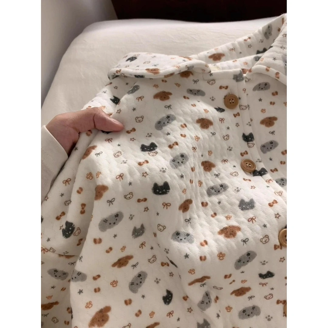 韩系少女软萌卡通印花保暖夹棉睡衣女冬季可外穿宽松居家服套装