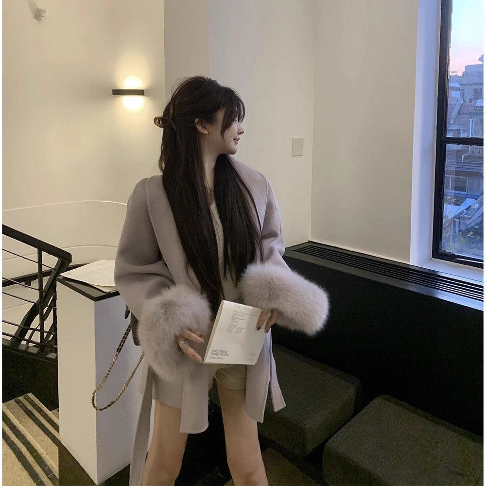 年秋季新款高级感外穿紫色大衣女气质名媛慵懒风毛呢外套女