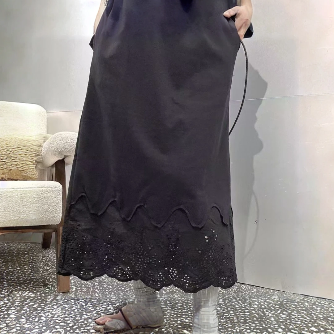 Aa·Dan+时尚百搭立体镂空雕花半身裙气质优雅黑色长款