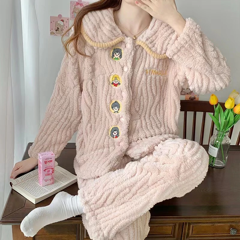 【奶杏--刺绣女孩】珊瑚绒睡衣女冬季加绒加厚公主风甜美秋冬法兰绒