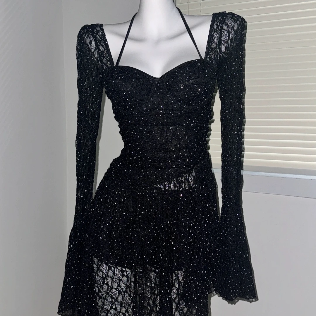 【月光石】烫钻黑色蕾丝长袖连体泳衣保守显瘦遮肚温泉度假泳衣女