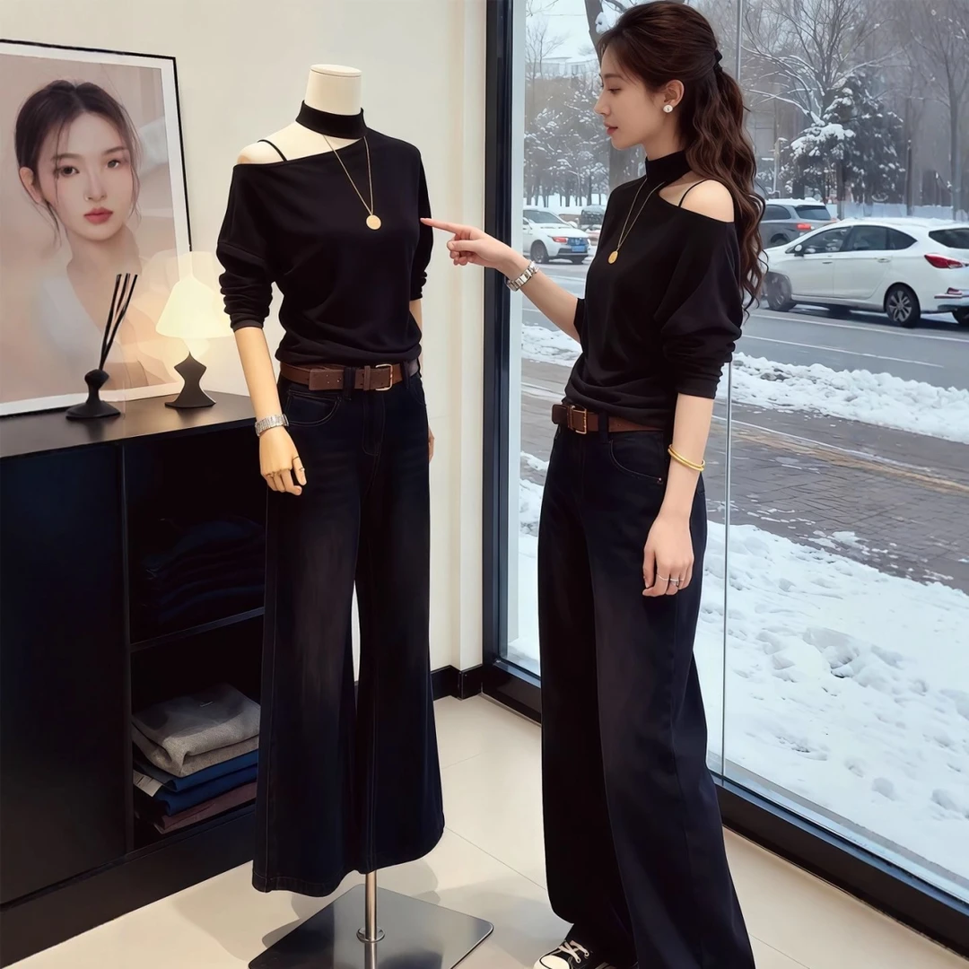 【260克人棉罗纹】半高领挂脖斜肩内搭打底衫女秋冬露肩长袖t恤上