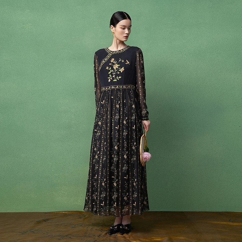 生活在左2025秋【林栖作品】桑蚕丝连衣裙优雅绣花长裙1953052