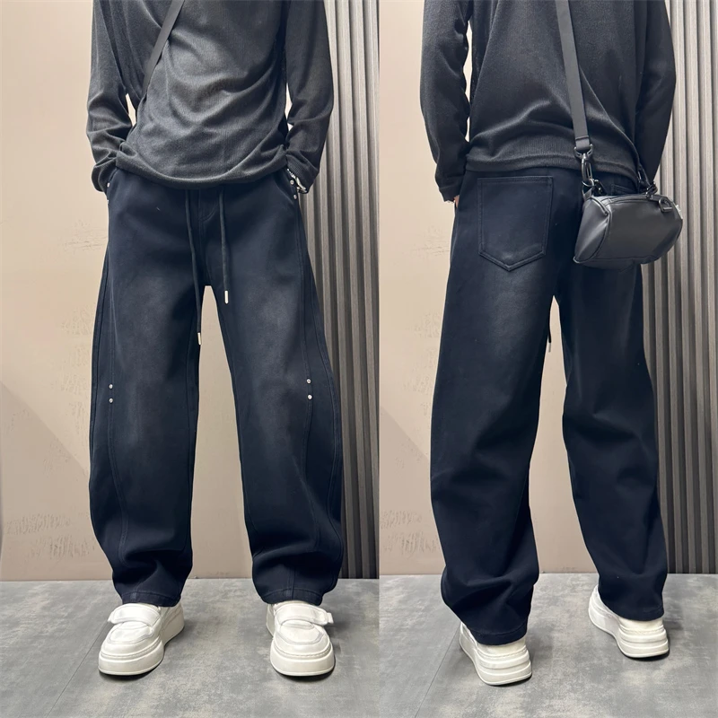 2025秋冬美式潮流高街水洗做旧加绒加厚宽松阔腿直筒弯刀牛仔裤男