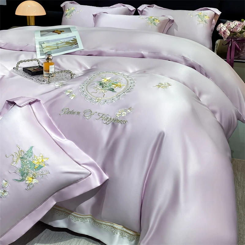 韩版莱赛尔兰精天丝刺绣四件套398繁花似锦香芋紫YB