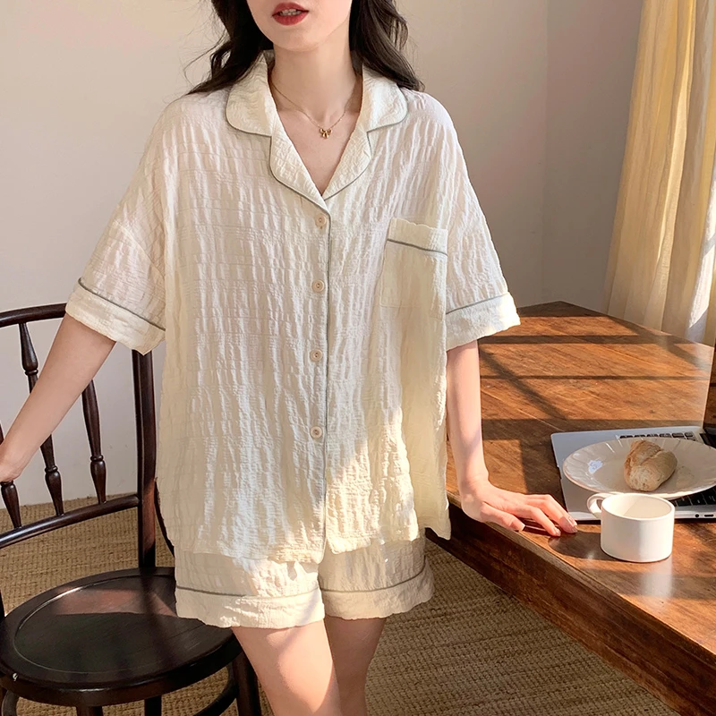 女睡衣夏天新款云朵棉薄款开衫韩版宽松简约可外穿舒适家居服套装