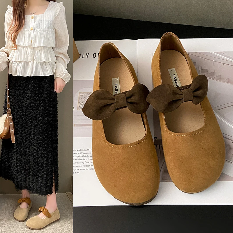2025春季新款浅口单鞋女鞋绒面蝴蝶结平底一字式扣带圆头鞋子