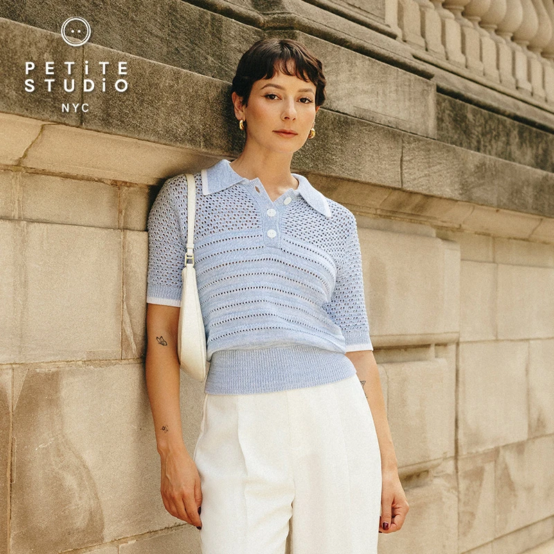 25春夏Shea冰河蓝polo领宽松短袖镂空针织衫