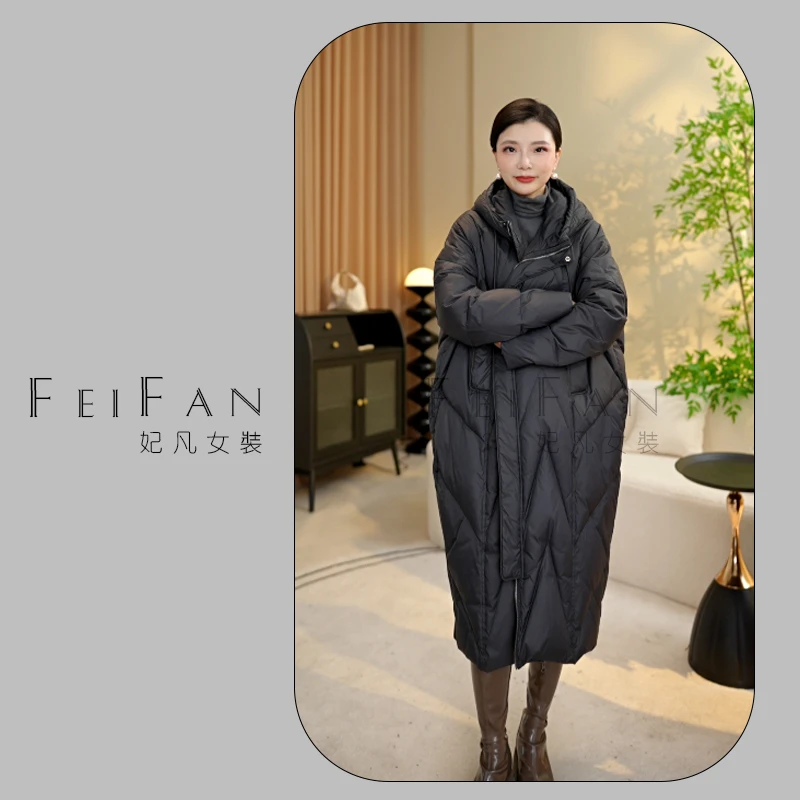 樱开（21018）国标级白鸭绒过膝中长款连帽羽绒服女冬季加厚保暖a