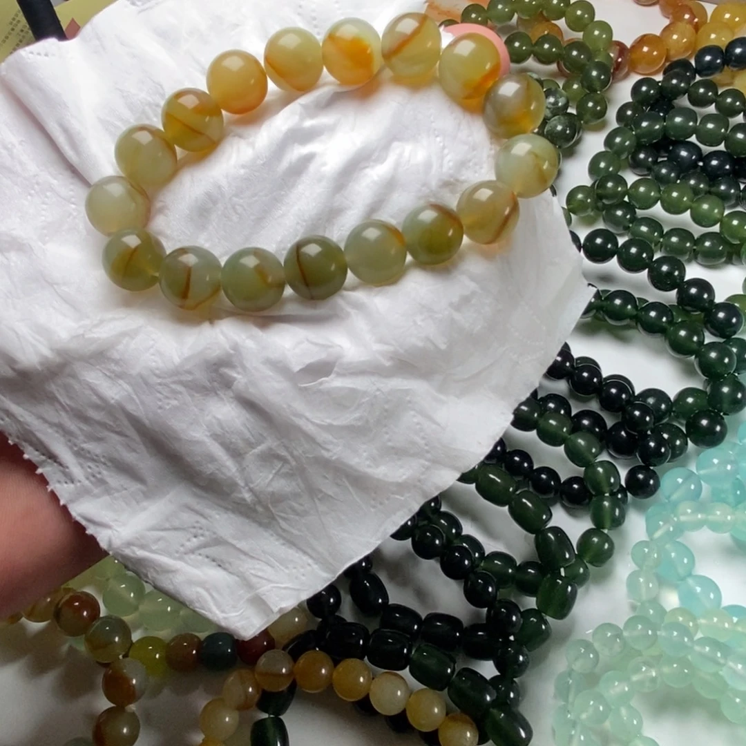 蛇纹石玉未镶嵌手链花玉血管卡12手串