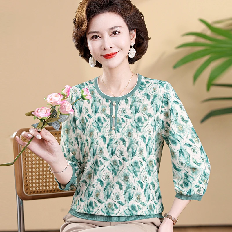 2025妈妈装春夏大码洋气上衣服中老年女装圆领七分袖T恤小衫A1706