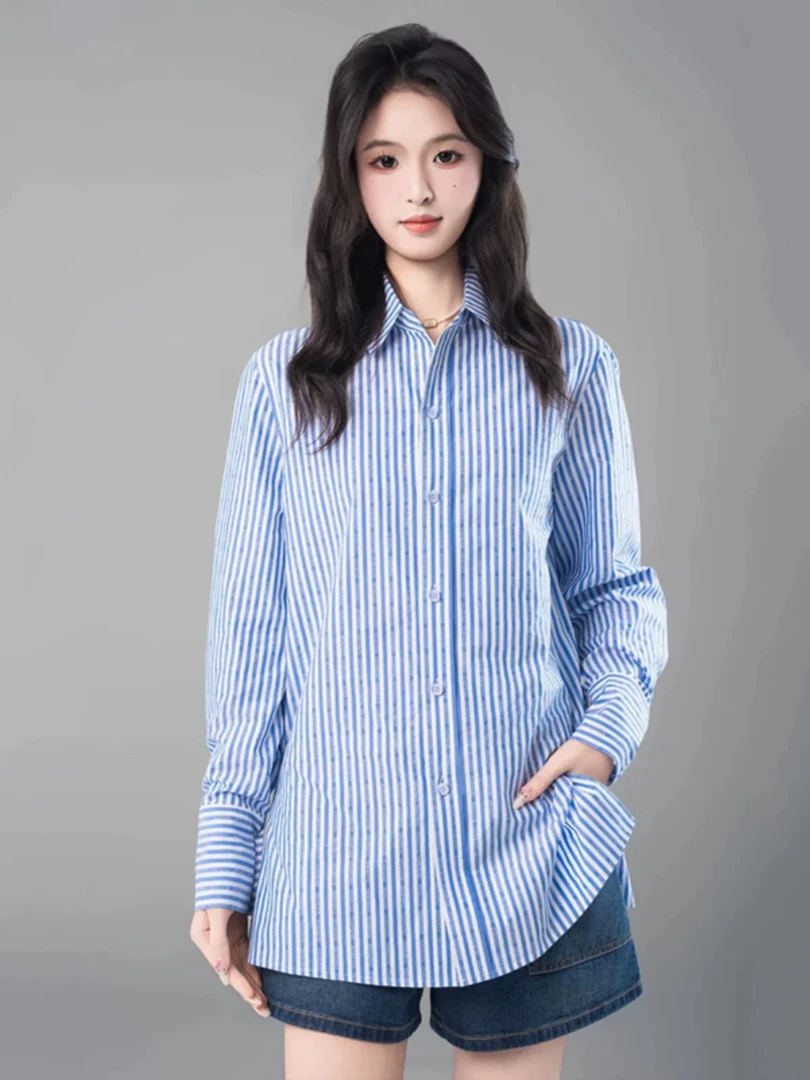【商场同款】25早春秋新时尚洋气百搭宽松翻领条纹长袖休闲衬衫女
