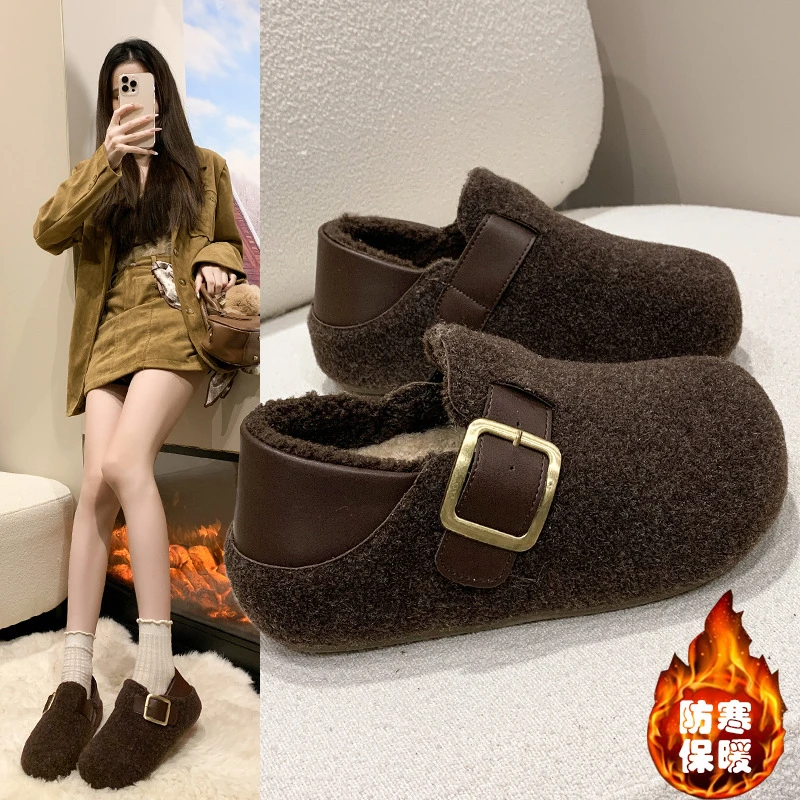 【啄木鸟】加绒两穿勃肯鞋女冬季新款百搭休闲保暖棉鞋厚底一脚蹬乐