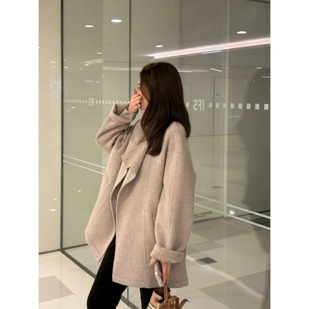 【北海道大衣】MEGANLE 立领一粒扣中长款双面毛呢大衣外套2024536