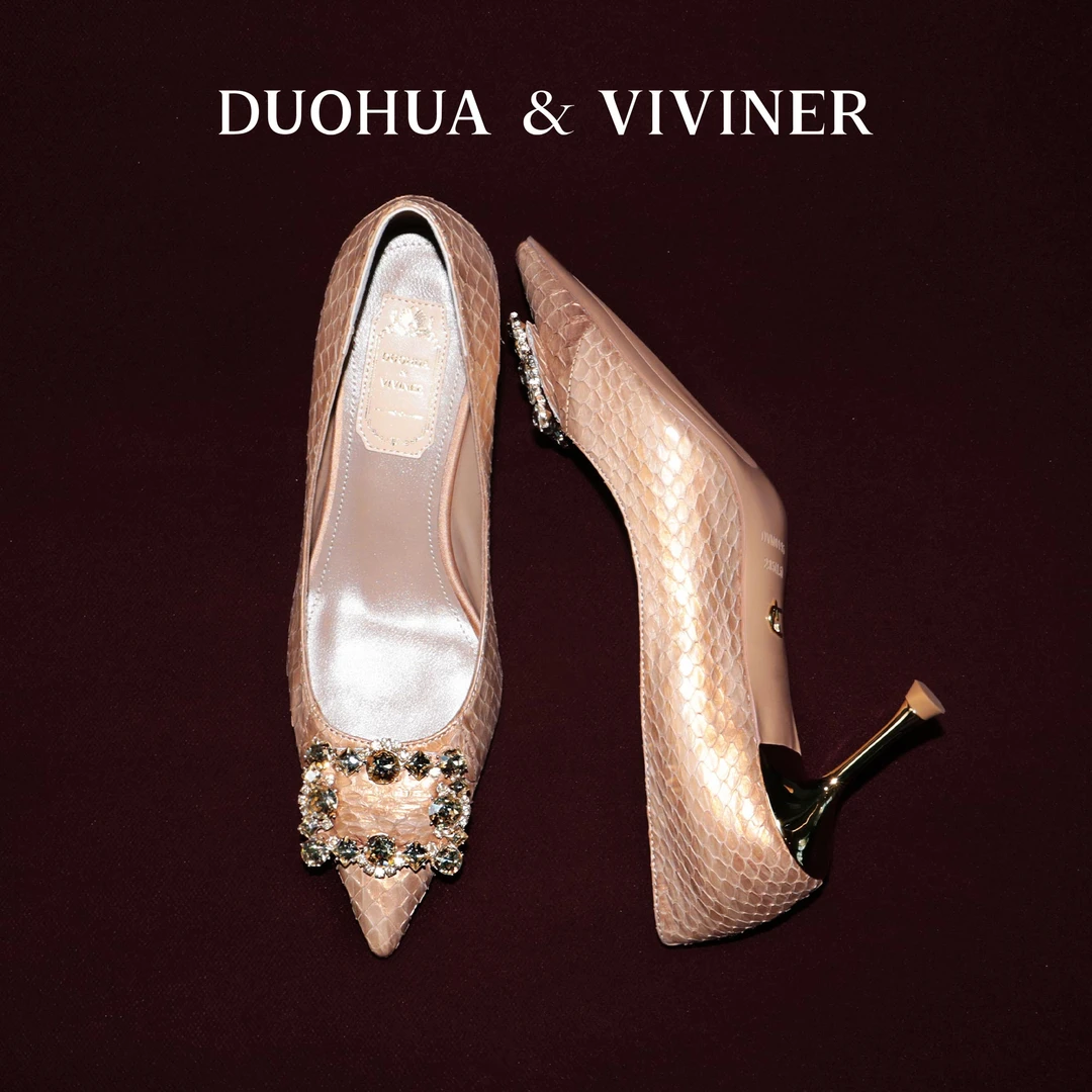 DV尖头高跟鞋女细跟浅口奢华蛇皮2024新款气质单鞋DUOHUA&VIVINER