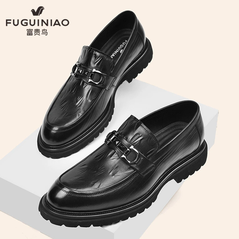 富贵鸟男鞋男士商务休闲皮鞋男款真皮漆皮懒人套脚一脚蹬爸爸鞋子