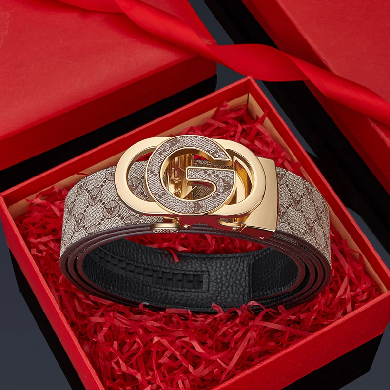 英皇保罗男士真牛皮皮带高档轻奢时尚百搭休闲印花头层牛皮裤腰带