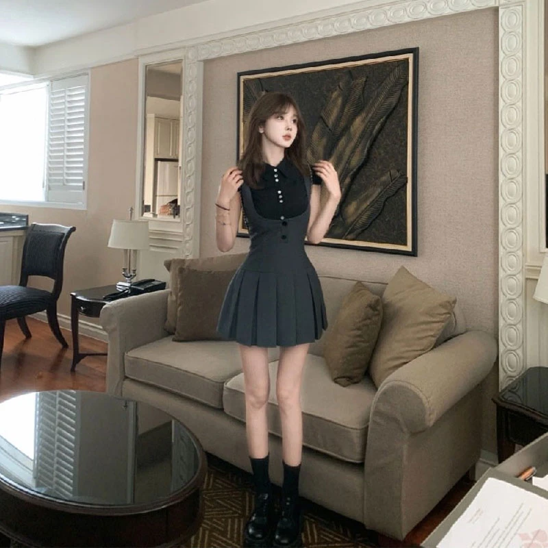 【布鲁尔学院】chic网红学院风衬衫短袖上衣女配灰色背心百褶裙短裙