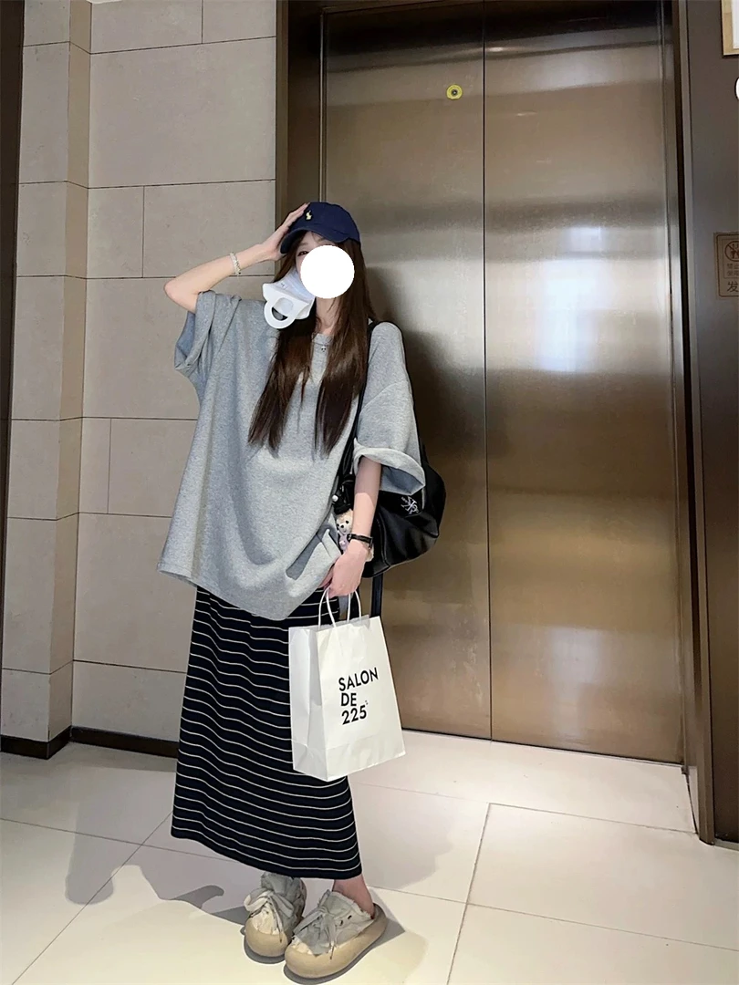 空气棉廓形系带短袖夏季慵懒风休闲宽松百搭上衣➕条纹随身半身裙