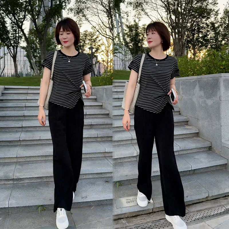 欧货休闲运动套装女夏季条纹短袖上衣时尚高腰阔腿裤百搭两件套装