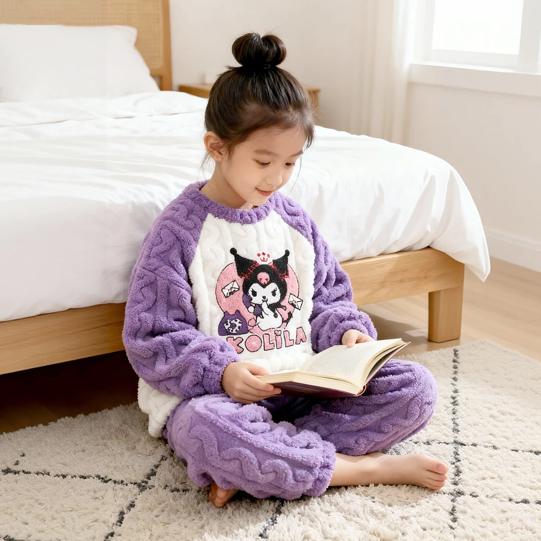 秋冬季韩版儿童珊瑚绒家居服套装中小男女童加厚法兰绒保暖睡衣套