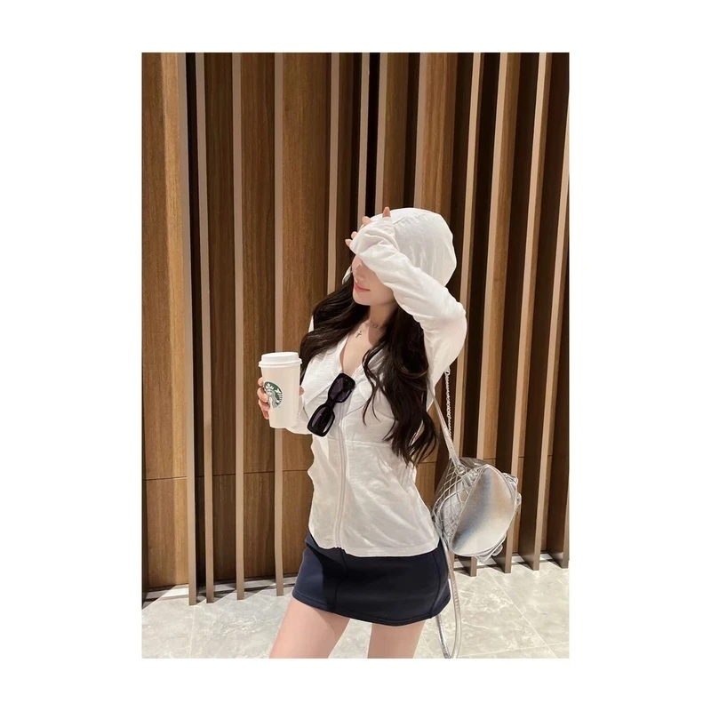 超薄防晒竹节棉连帽修身显瘦休闲开衫+半身裙    80708