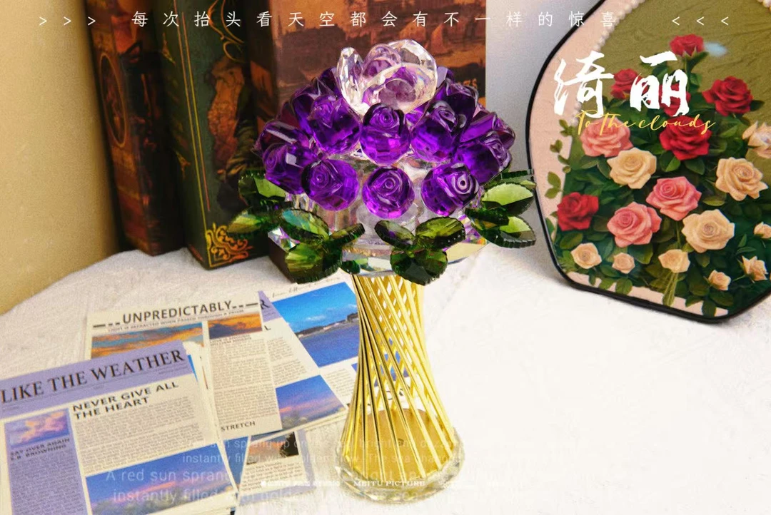 单只-轻奢K9水晶深紫色手捧花玫瑰花摆件订婚结婚高级感装饰品