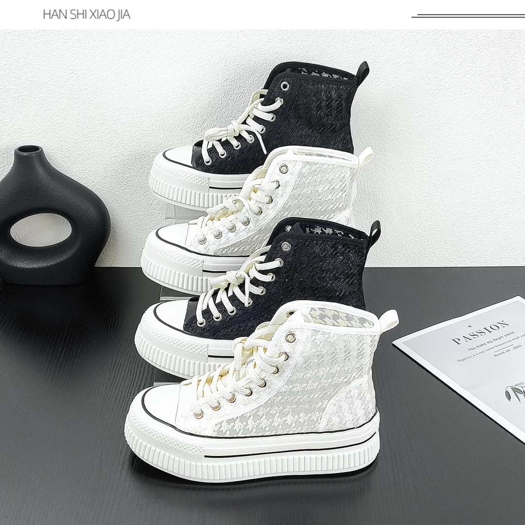 网纱高帮鞋女款小白鞋女2025新款夏透气薄款增高轻便软底休闲板鞋