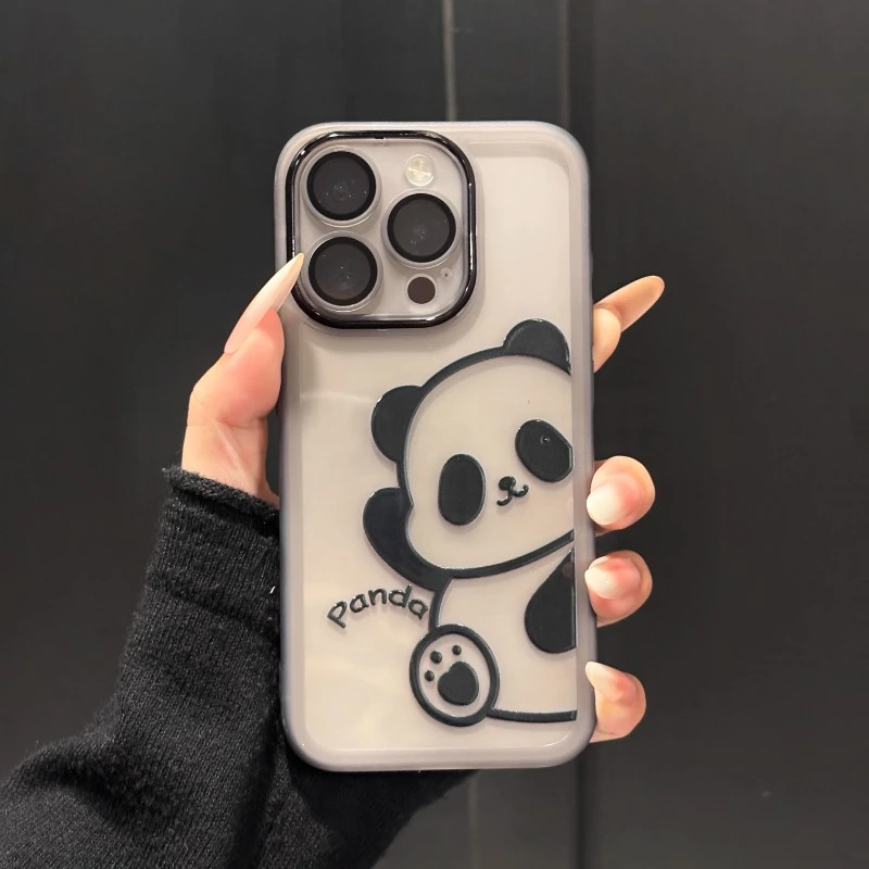 线条熊猫适用苹果17promax手机壳iPhone16pm金属镜框个性创意防摔