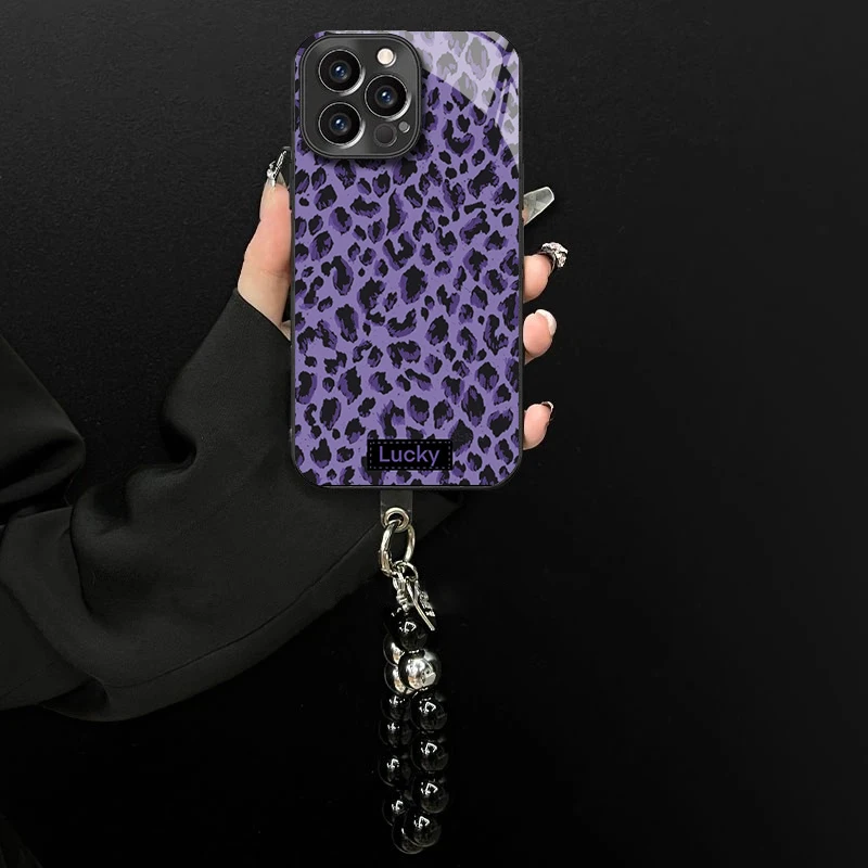 适用于苹果/oppo/华为/vivo/小米紫色豹纹电镀玻璃手链防摔手机壳