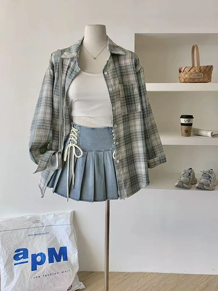 2105#2025新款时尚格子衬衣美背牛仔半身裙三件套套装