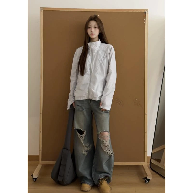 【慌慌】美式复古做旧水洗竹节纹破洞牛仔裤休闲宽松阔腿长裤T9035