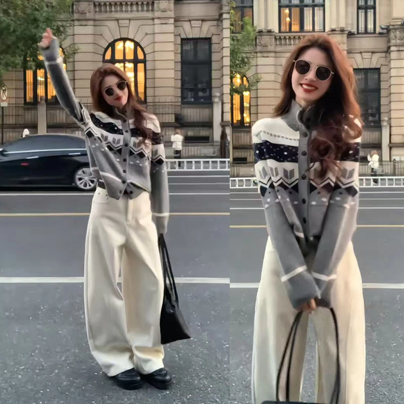 冬季休闲套装女2025新款时尚复古立领针织毛衣百搭显瘦裤子两件套