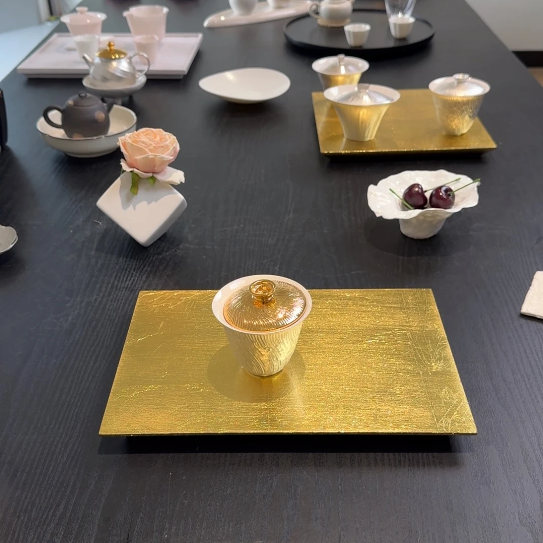 金箔长方形茶盘鎏金盖碗