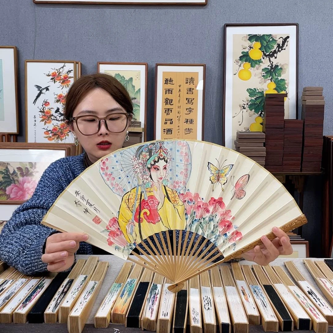 国画95寸梅妃-纯手绘-文玩扇骨（默认粘好）