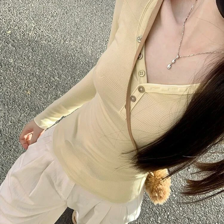 美式复古绣花修身长袖春秋季新款辣妹小众V领设计女上衣