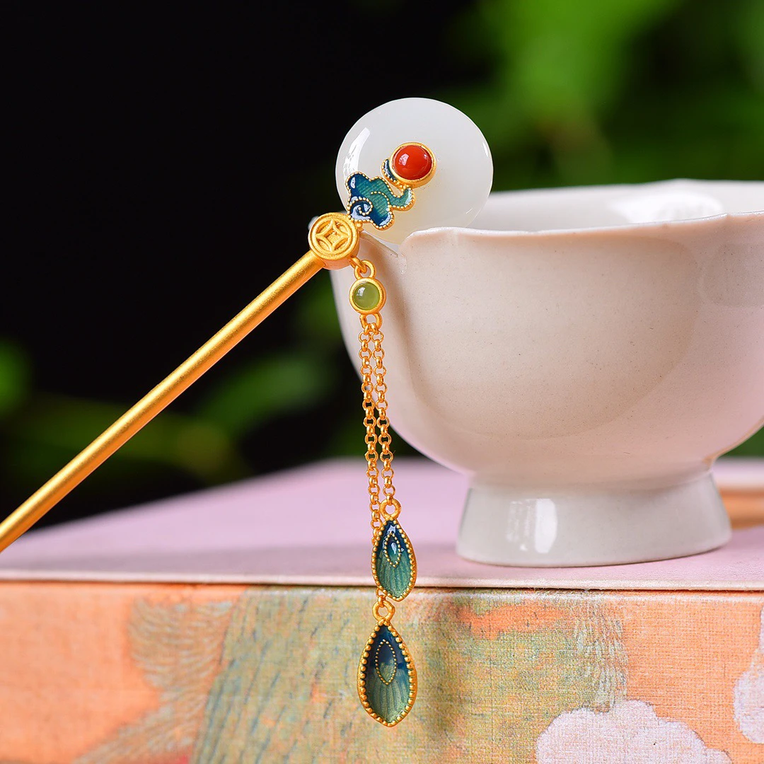 s925银镶和田玉珐琅平安扣发簪多样性3003