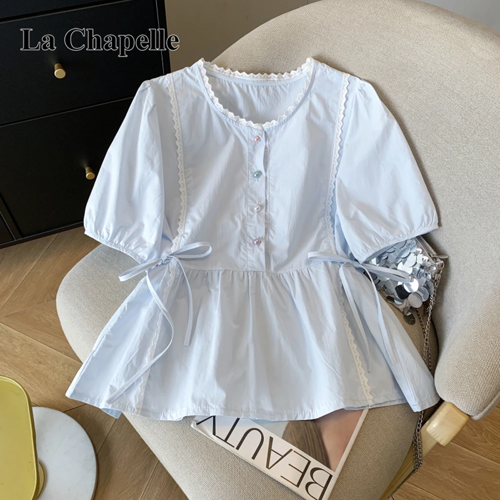 拉夏贝尔法式温柔泡泡袖衬衫女夏季花边拼接短袖小个子短款上衣