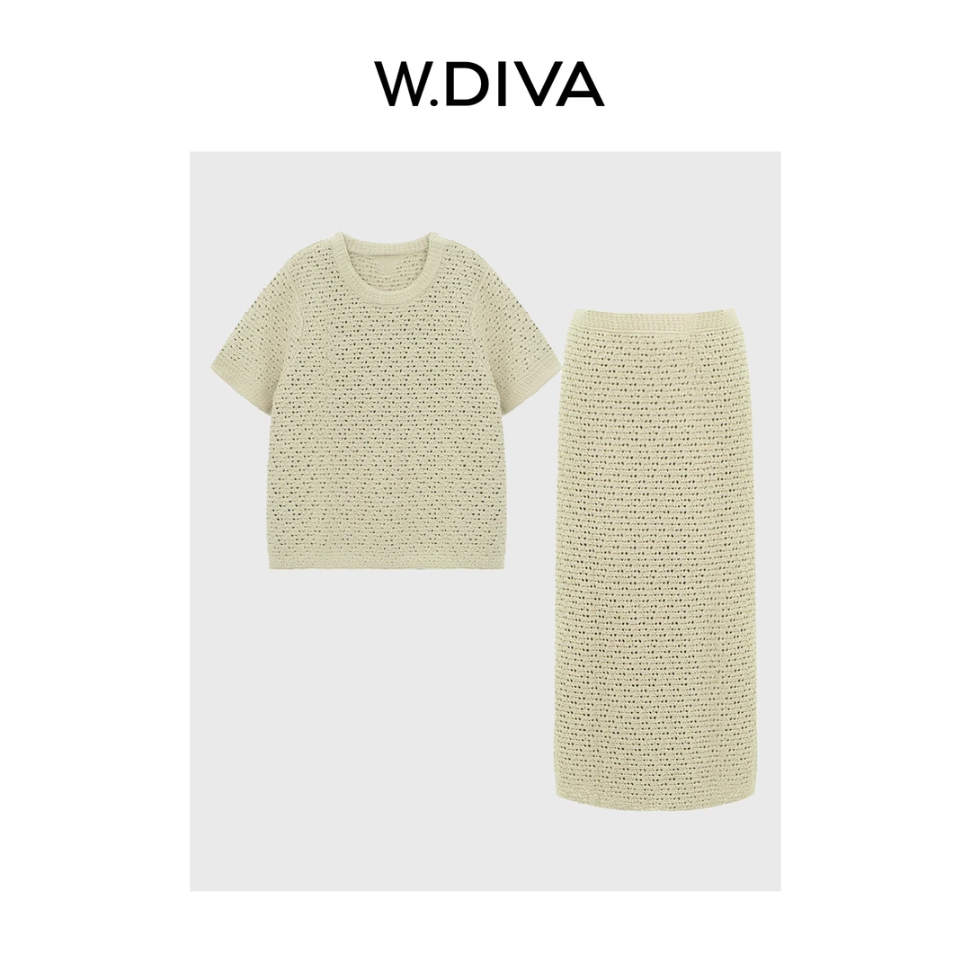 W.Diva【苔】夏季洋气女装优雅品质高级短袖毛衫半裙套装51D181537