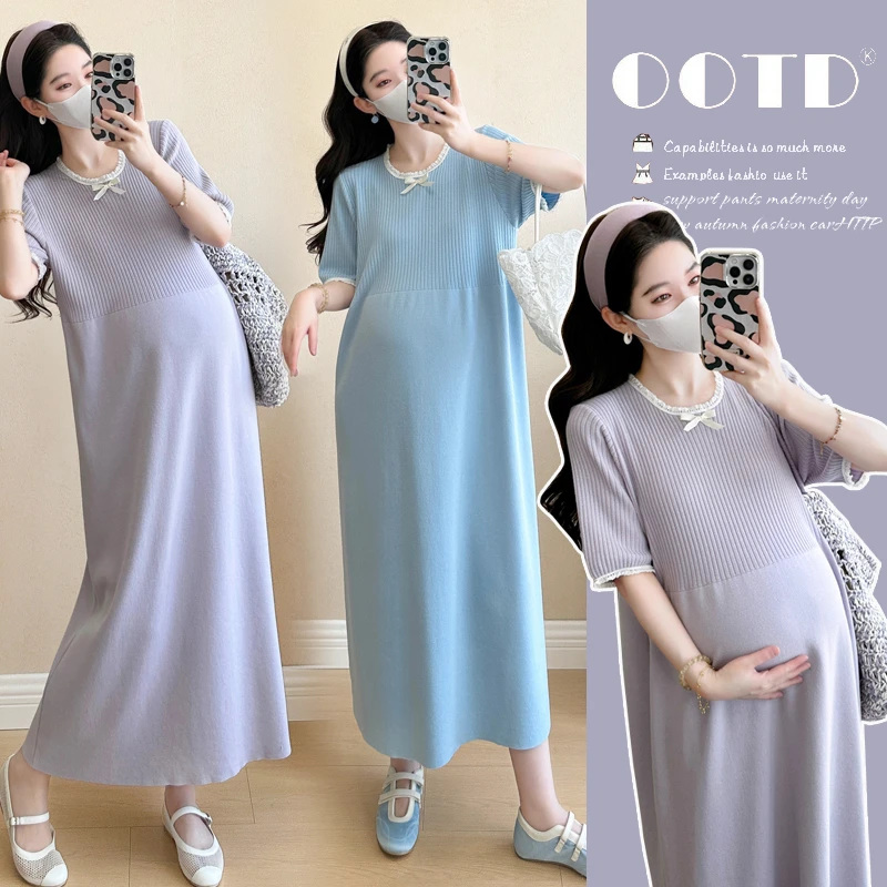 { 糕糕 }孕妇装2025夏季新款冰丝针织花边拼接宽松遮肉显瘦连衣裙