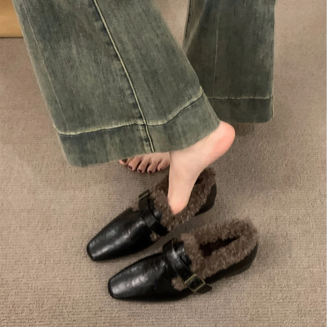 粗跟复古乐福单鞋女鞋子新款秋冬季加绒毛毛鞋小皮鞋保暖棉鞋
