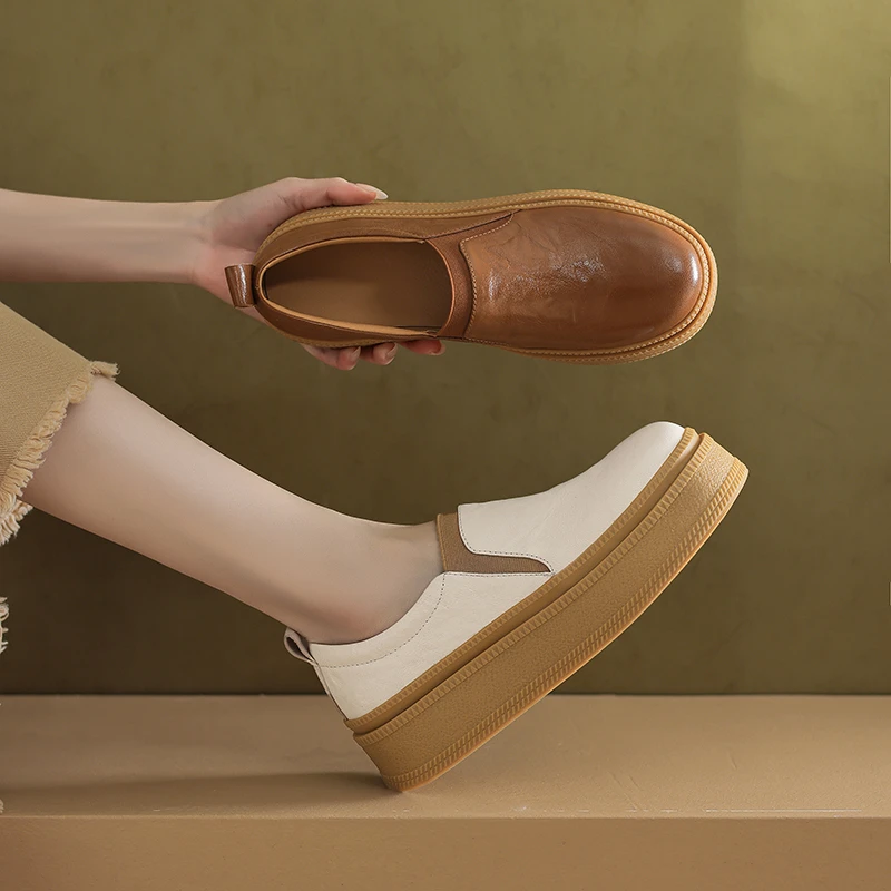 羊皮/跟高5cm/春秋休闲百搭真皮软底复古厚底平底舒适增高妈妈鞋