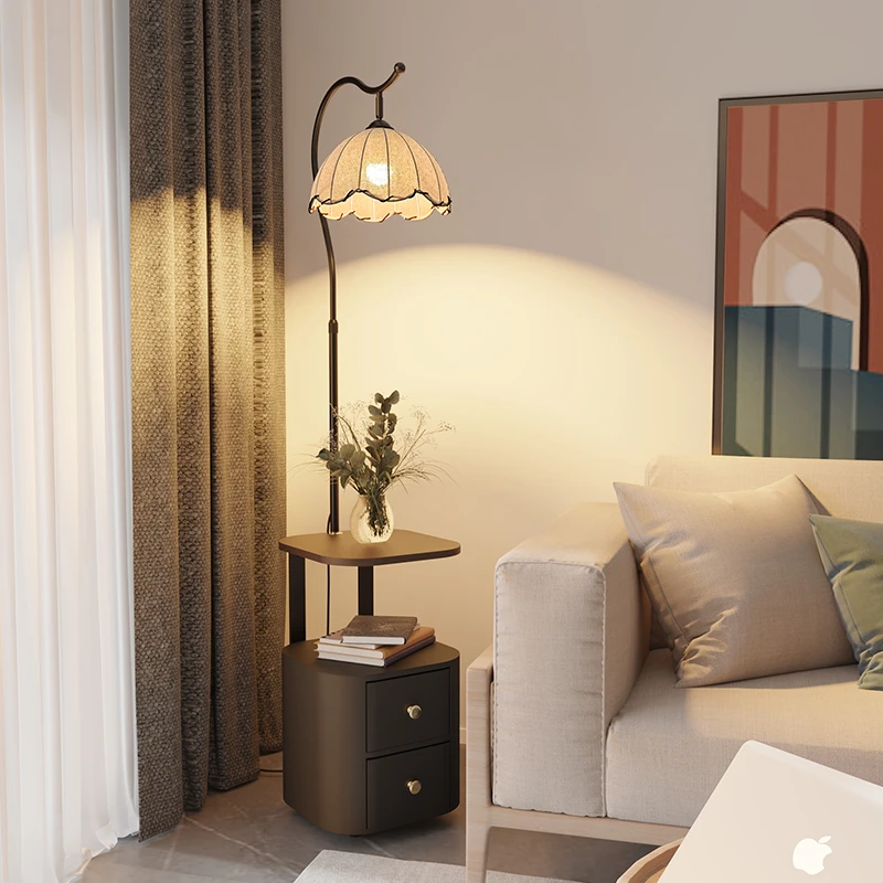 中古风卧室床头柜台灯落地灯客厅沙发旁边高级感置物架一体氛围灯