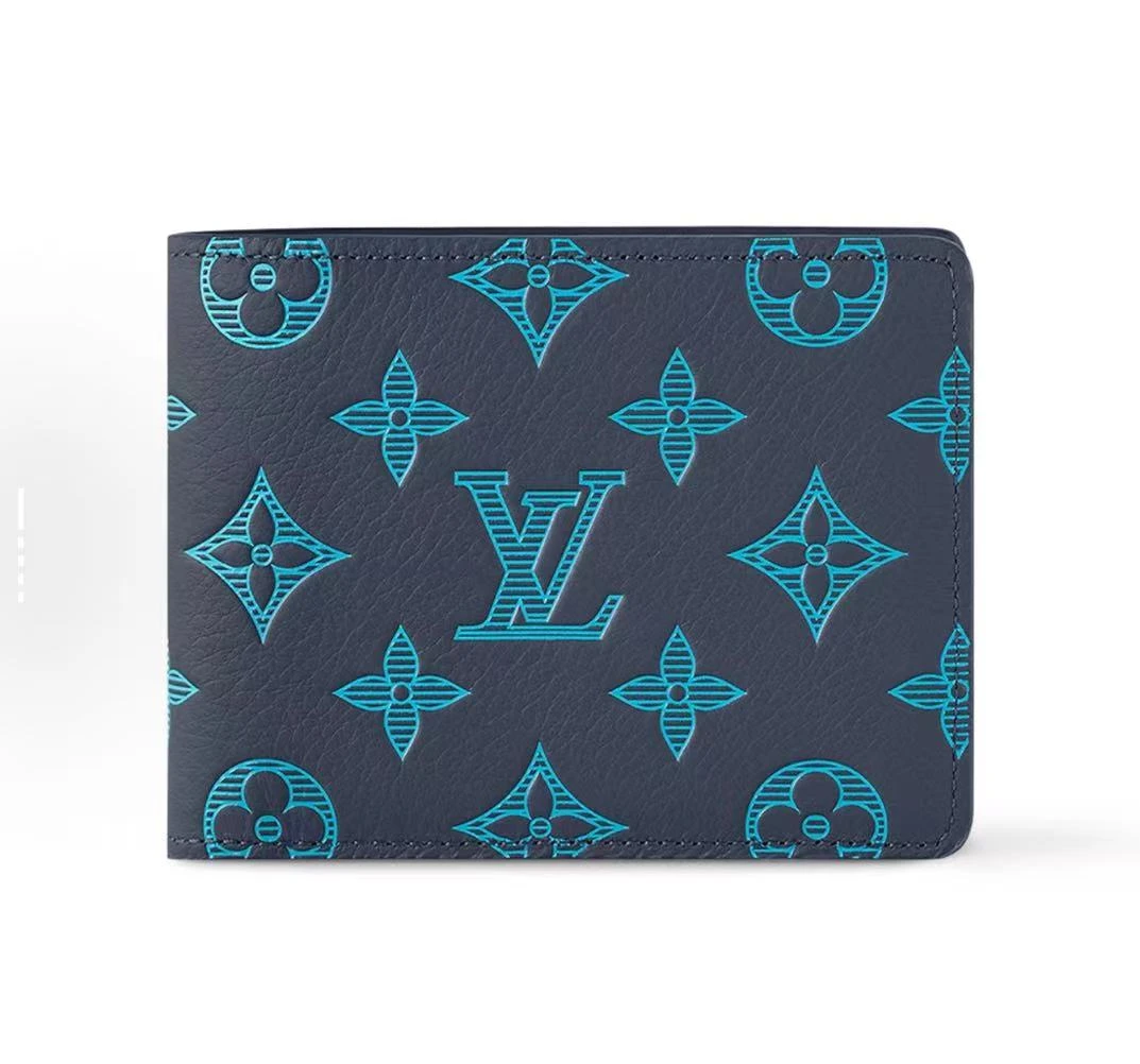 99新 LouisVuitton/路易威登 Multiple蓝色全皮压纹短款钱包卡包