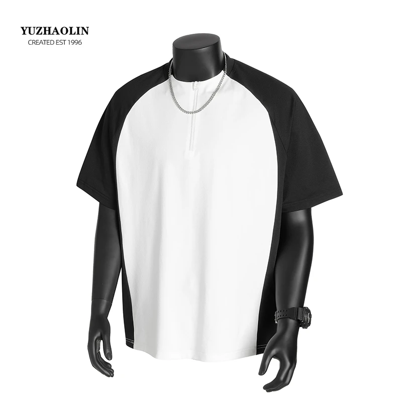 美式运动插肩袖半拉链短袖T恤男夏季户外速干凉爽休闲半袖