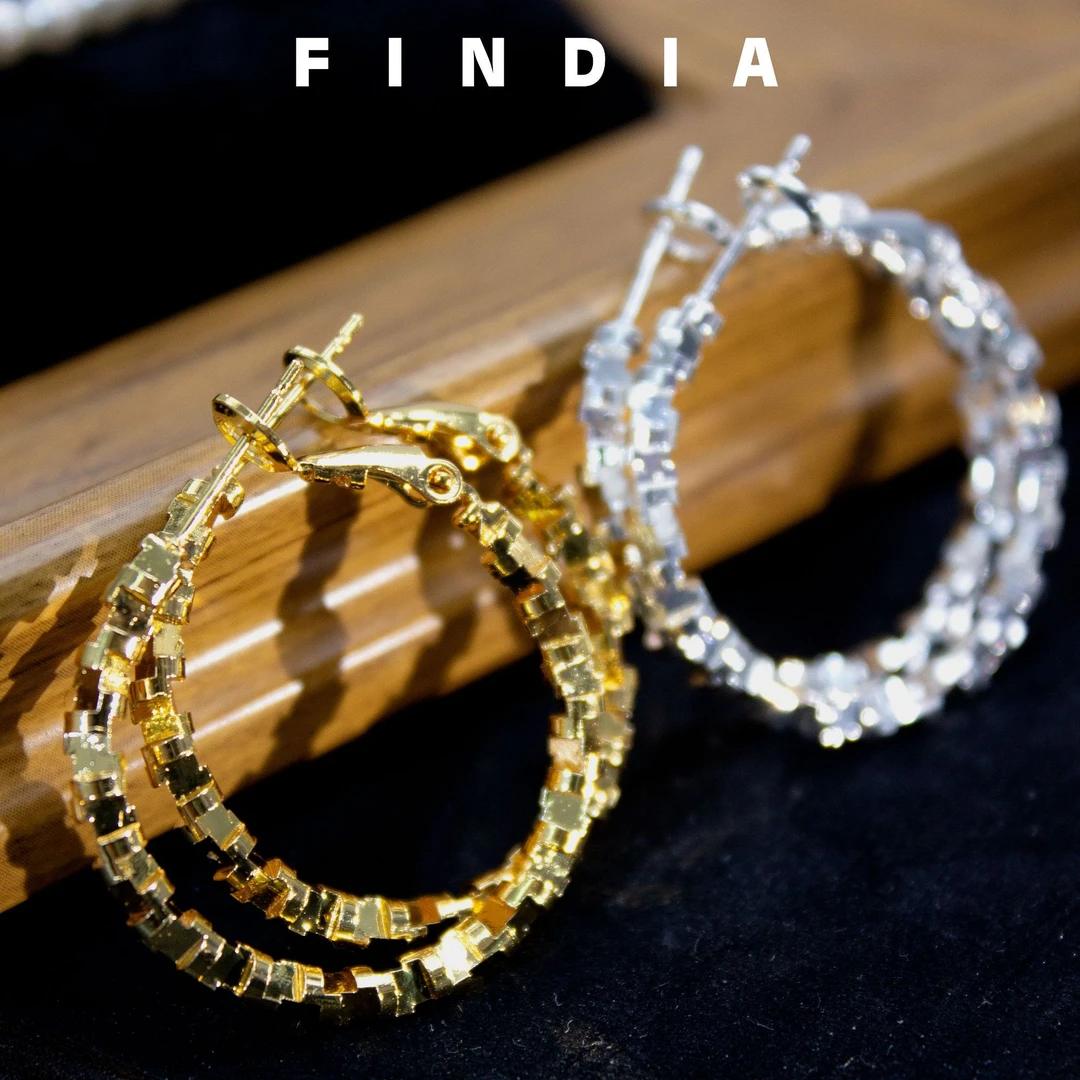 黄铜耳饰 FINDIA星璨金银压纹棱光爆闪轻奢时尚百搭素圈耳环耳钉