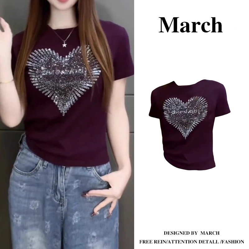 欧若风爱心烫钻短袖t恤女大码2025夏季胖MM减龄显瘦圆领上衣-5712